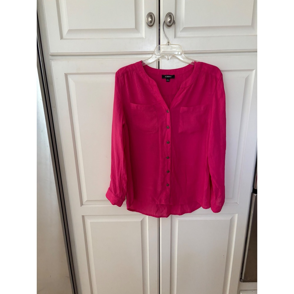 Elementz Hot Pink Roll Tab Sleeve Button Up Blouse Top MRJB0131 Womens Medium